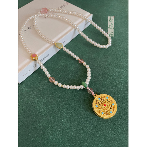 古法鏤空多寶吊墜項鍊女新中式國風漢服配飾高級感長款珍珠毛衣鏈