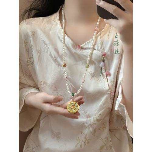 古法鏤空多寶吊墜項鍊女新中式國風漢服配飾高級感長款珍珠毛衣鏈