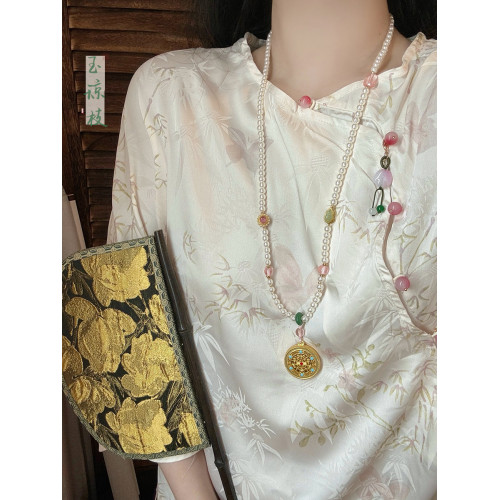 古法鏤空多寶吊墜項鍊女新中式國風漢服配飾高級感長款珍珠毛衣鏈