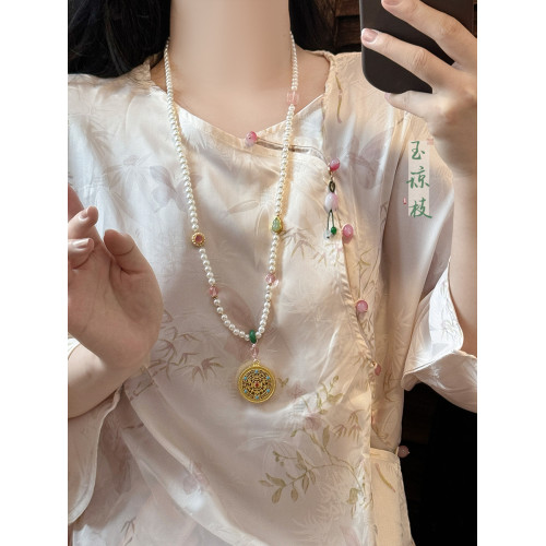 古法鏤空多寶吊墜項鍊女新中式國風漢服配飾高級感長款珍珠毛衣鏈