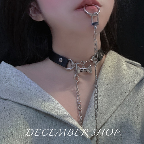 choker項圈頸鏈男鎖骨鍊配飾cos龐克puppy牽引繩金屬鏈骨頭牌女m