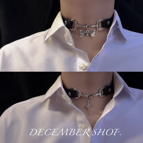 choker項圈頸鏈男鎖骨鍊配飾cos龐克puppy牽引繩金屬鏈骨頭牌女m