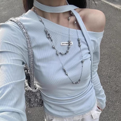 高級感多層灰色珍珠項鍊女長款多戴法毛衣鏈輕奢小衆鎖骨頸鏈配飾