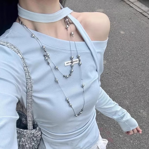 高級感多層灰色珍珠項鍊女長款多戴法毛衣鏈輕奢小衆鎖骨頸鏈配飾