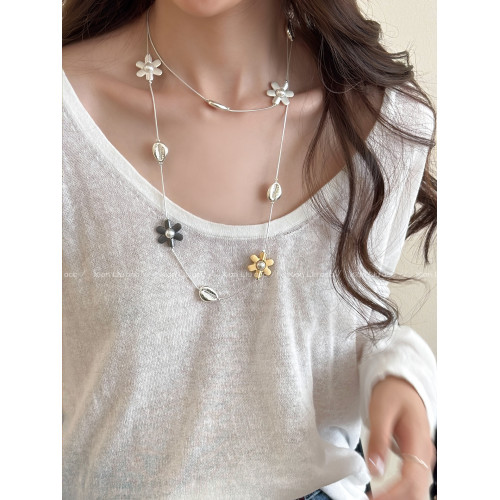 桃花朵朵韓系金屬撞色長款花朵項鍊女2026新款爆款曡戴毛衣鏈配飾