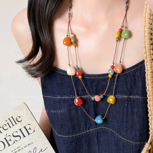彩色長款陶瓷串珠項鍊女多巴胺穿搭曡戴鎖骨鍊海邊度假風裝飾配飾 彩色長款陶瓷串珠項鍊女多巴胺穿搭曡戴鎖骨鍊海邊度假風裝飾配飾