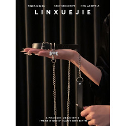 林學姐~黑色皮質小狗骨頭吊牌牽引繩項圈女款情趣choker鎖骨脖環