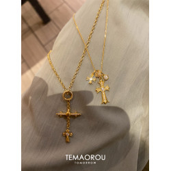 V金不掉色/十字架吊墜細閃復古項鍊小衆獨特設計鎖骨鍊配飾毛衣鏈