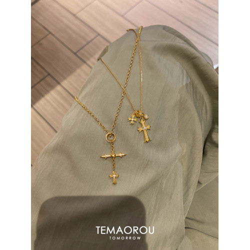 V金不掉色/十字架吊墜細閃復古項鍊小衆獨特設計鎖骨鍊配飾毛衣鏈