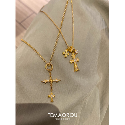 V金不掉色/十字架吊墜細閃復古項鍊小衆獨特設計鎖骨鍊配飾毛衣鏈