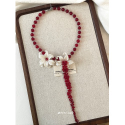 千金感!鴿血紅串珠鳶尾花長項鍊女巨顯白超絕氛圍感choker鎖骨鍊