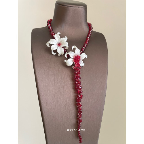 千金感!鴿血紅串珠鳶尾花長項鍊女巨顯白超絕氛圍感choker鎖骨鍊