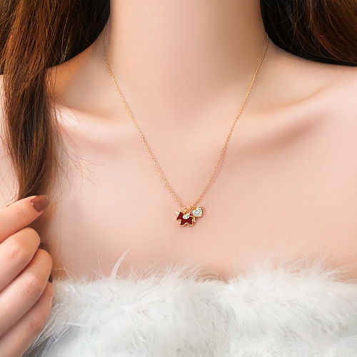 紅色小馬滿鑽愛心吊墜項鍊女高級感輕奢小衆2026本命年毛衣鏈配飾