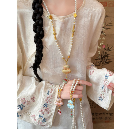 ［福祿雙喜］宋錦葫蘆珍珠項鍊女新中式國風長款毛衣鏈民族風配飾