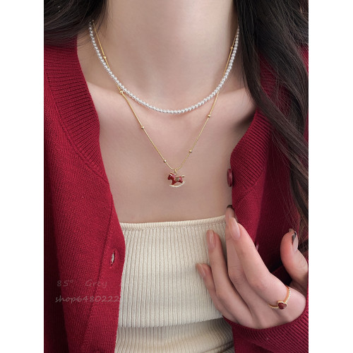 小馬珍珠項鍊女新款高級精緻本命年鎖骨鍊小衆吊墜毛衣鏈頸鏈配飾