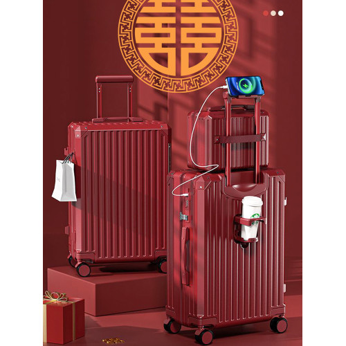 行李箱結婚陪嫁箱酒紅色皮箱子拉桿箱女新娘嫁妝箱壓婚禮用密碼箱