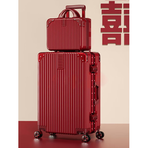 行李箱結婚陪嫁箱酒紅色皮箱子拉桿箱女新娘嫁妝箱壓婚禮用密碼箱