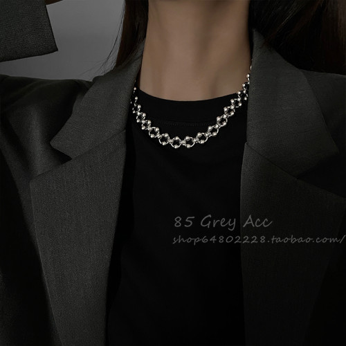 85度灰龐克純手工鏤空鋼珠鈦鋼項鍊男女ins小衆設計感鎖骨鍊配飾