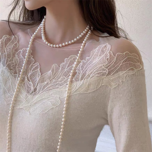 施家正圓長款珍珠項鍊超長輕奢小衆新款復古高級感雙層多層曡戴