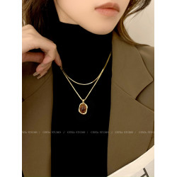 爆款琥珀曡戴金色毛衣項鍊女春天配飾輕奢高級感小衆虎眼石毛衣鏈