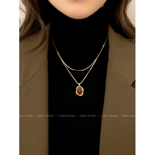 爆款琥珀曡戴金色毛衣項鍊女春天配飾輕奢高級感小衆虎眼石毛衣鏈