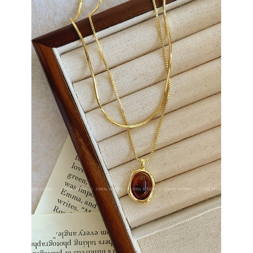 爆款琥珀曡戴金色毛衣項鍊女春天配飾輕奢高級感小衆虎眼石毛衣鏈