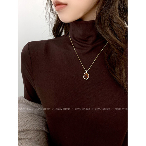 爆款琥珀曡戴金色毛衣項鍊女春天配飾輕奢高級感小衆虎眼石毛衣鏈