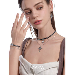 MASW麻秀原創設計懷舊系列甜酷星芒十字項鍊美拉德皮質頸鏈毛衣鏈