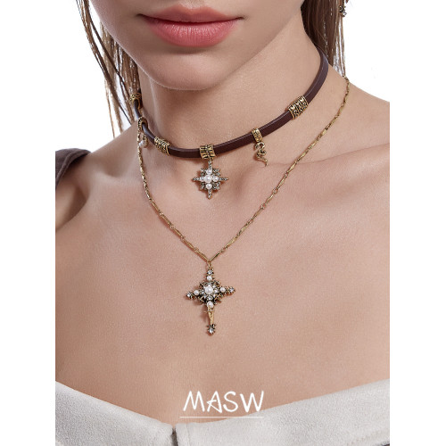 MASW麻秀原創設計懷舊系列甜酷星芒十字項鍊美拉德皮質頸鏈毛衣鏈