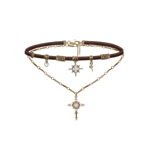 MASW麻秀原創設計懷舊系列甜酷星芒十字項鍊美拉德皮質頸鏈毛衣鏈