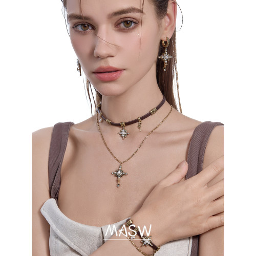 MASW麻秀原創設計懷舊系列甜酷星芒十字項鍊美拉德皮質頸鏈毛衣鏈
