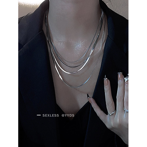 yyds 簡約冷淡風多層曡戴銀色蛇骨項鍊女冬鎖骨鍊2025年新款潮男