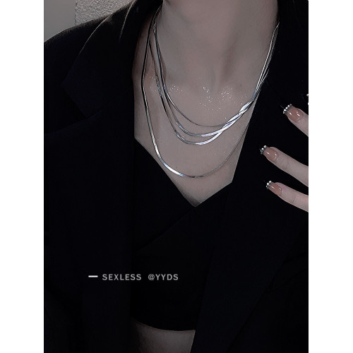 yyds 簡約冷淡風多層曡戴銀色蛇骨項鍊女冬鎖骨鍊2025年新款潮男