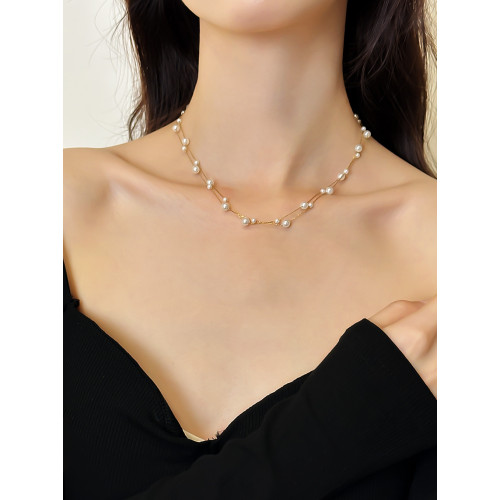 韓國氣質多層珍珠滿天星法式時尚項鍊超仙鈦鋼新款爆款鎖骨鍊女