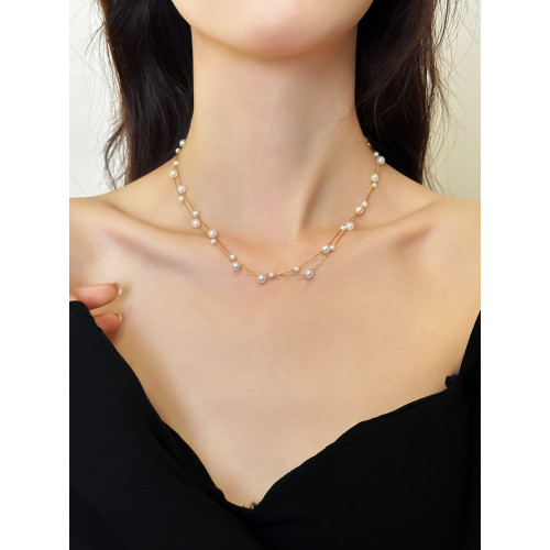 韓國氣質多層珍珠滿天星法式時尚項鍊超仙鈦鋼新款爆款鎖骨鍊女