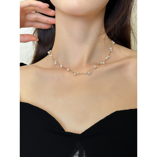 韓國氣質多層珍珠滿天星法式時尚項鍊超仙鈦鋼新款爆款鎖骨鍊女