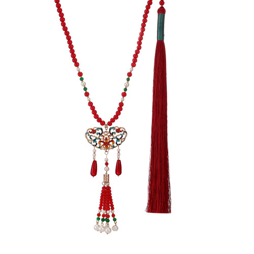 馬面裙漢服配飾新中式國風軟背雲長瓔珞紅色流蘇過年喜慶毛衣項鍊