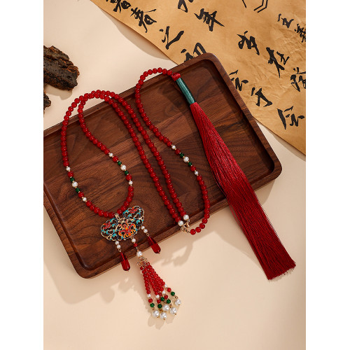 馬面裙漢服配飾新中式國風軟背雲長瓔珞紅色流蘇過年喜慶毛衣項鍊