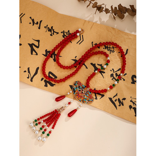 馬面裙漢服配飾新中式國風軟背雲長瓔珞紅色流蘇過年喜慶毛衣項鍊