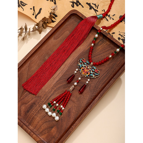 馬面裙漢服配飾新中式國風軟背雲長瓔珞紅色流蘇過年喜慶毛衣項鍊