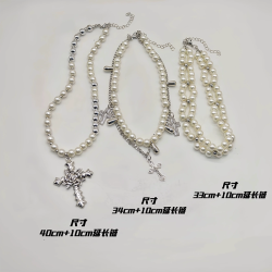 仿珍珠曡戴多層十字架設計感頸鏈choker小衆復古女項鍊輕奢高級感