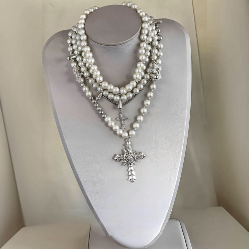 仿珍珠曡戴多層十字架設計感頸鏈choker小衆復古女項鍊輕奢高級感