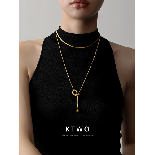 歐式時尚大氣T釦圓珠毛衣鏈女小衆輕奢鍍k金不掉色鈦鋼毛衫長項鍊