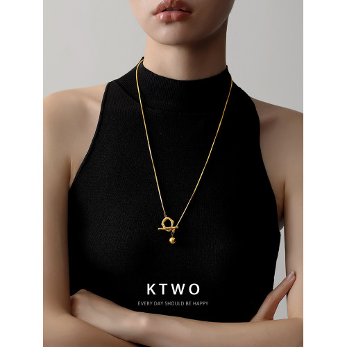 歐式時尚大氣T釦圓珠毛衣鏈女小衆輕奢鍍k金不掉色鈦鋼毛衫長項鍊