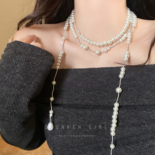 西太後多層珍珠流蘇星球項鍊女長款曡戴choker生日禮服鎖骨鍊配飾