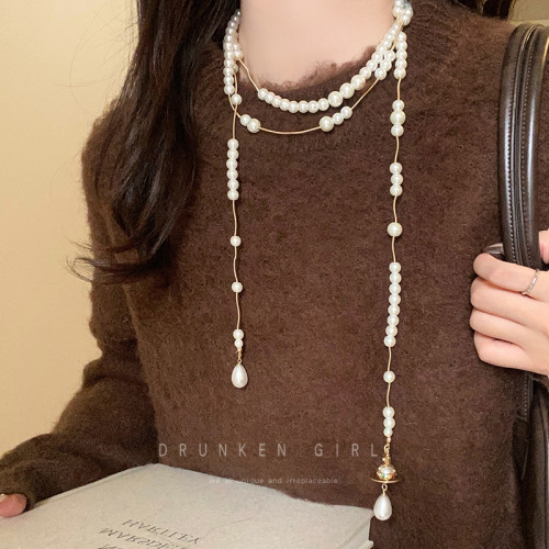 西太後多層珍珠流蘇星球項鍊女長款曡戴choker生日禮服鎖骨鍊配飾