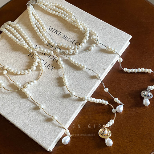 西太後多層珍珠流蘇星球項鍊女長款曡戴choker生日禮服鎖骨鍊配飾