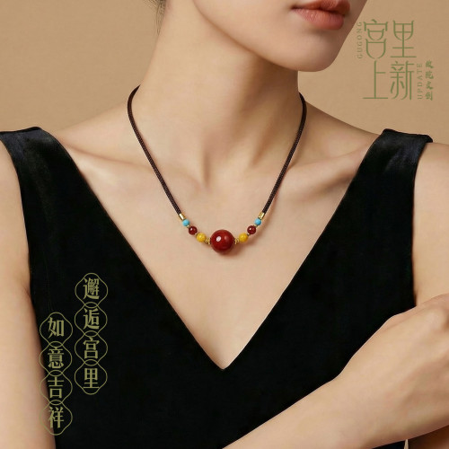 宮裡上新硃砂項鍊女款秋冬紅色硃砂吊墜本命年新中式配飾生日禮物