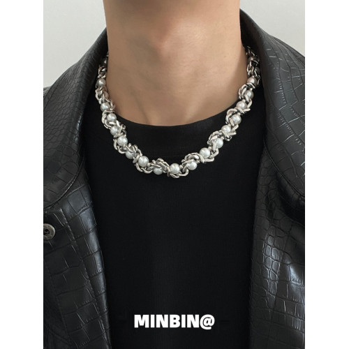 古巴鏈纏繞珍珠項鍊男潮小衆高級設計感嘻哈鎖骨鍊男女頸鏈不掉色
