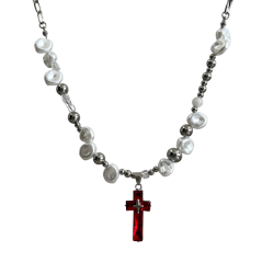 異形珍珠紅鋯石十字架項鍊男女ins小衆設計y2k辣妹高級嘻哈鎖骨鍊